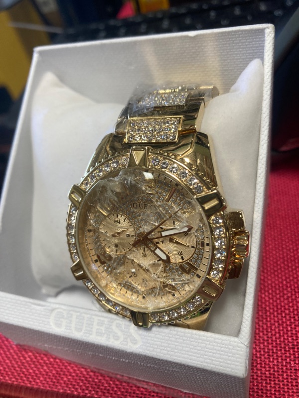 Photo 1 of ***(NO RETURNS OR REFUNDS/ FOR PARTS ONLY/ MAJOR DAMAGE)***
 GUESS Stainless Steel Gold-Tone Crystal Embellished Bracelet Watch with Day, Date + 24 Hour Military/Int'l Time. Color: Gold-Tone (Model: U0799G2)