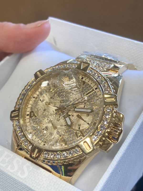 Photo 1 of ***(NO RETURNS OR REFUNDS/ FOR PARTS ONLY/ MAJOR DAMAGE)***
 GUESS Stainless Steel Gold-Tone Crystal Embellished Bracelet Watch with Day, Date + 24 Hour Military/Int'l Time. Color: Gold-Tone (Model: U0799G2)