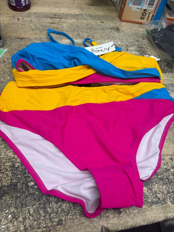 Photo 1 of AI'MAGE Women's High Waisted Bikini Set 2025 Tummy Control Swimsuits Two Piece Swim Suit Color Block Bathing Suits,Blue Yellow,L