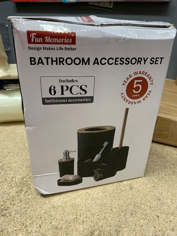 Photo 1 of Fun Memories Bathroom Accessories Set 6 Pieces Bath Ensemble Includes Toothbrush Holder, Soap Dispenser, Toothbrush Cup, Soap Dish for Decorative Countertop and Housewarming Gift, White