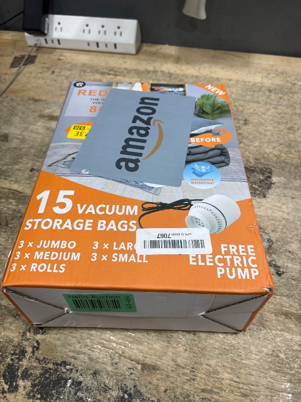 Photo 1 of 15 Pack Vacuum Storage Bags with Electric Pump (3 Jumbo, 3 Large, 3 Medium, 3 Small, 3 Roll Up), Plastic Packaging Bags,Space Saver Sealer Bag for Blankets, Comforters, Pillows, Clothes Storage