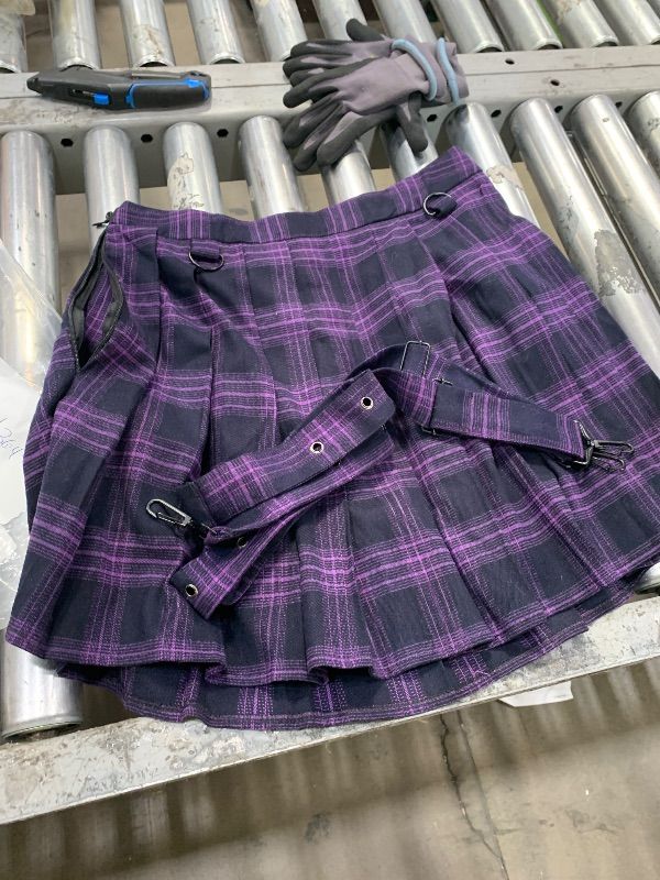 Photo 1 of chouyatou Women's Cool Sweet A-Line Decorative Strap Plaid Pleated Mini Skirt (Small, Purple)