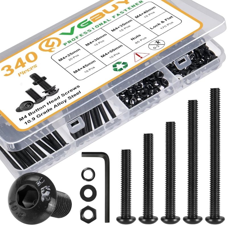 Photo 1 of 340Pcs M4 Screw Kit, Black M4 Screws Bolts, 25/30/35/40/45/50mm Metric Button Head Cap Screw Assortment Kit with Washer Nuts,10.9 Grade