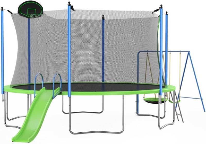 Photo 1 of 12Ft Trampoline With Slide And Swings, Astm Approved Large Recreational Trampoline With Basketball Hoop And Ladder,Outdoor Backyard Trampoline With Net, Capacity For Kids And Adults Green Metal