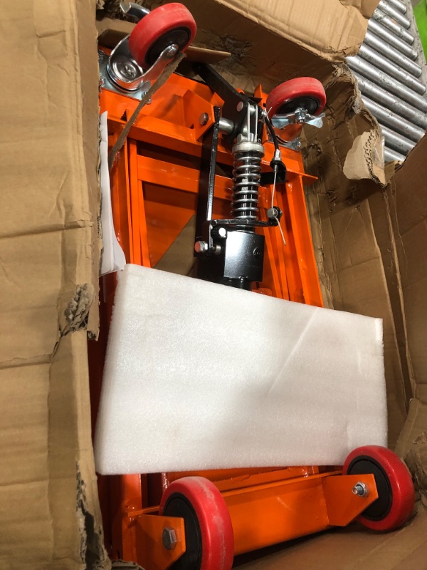 Photo 1 of VEVOR Hydraulic Lift Table Cart, 500lbs Capacity 28.5" Lifting Height, Manual Single Scissor Lift Table with 4 Wheels and Non-Slip Pad, Hydraulic Scissor Cart for Material Handling, Orange