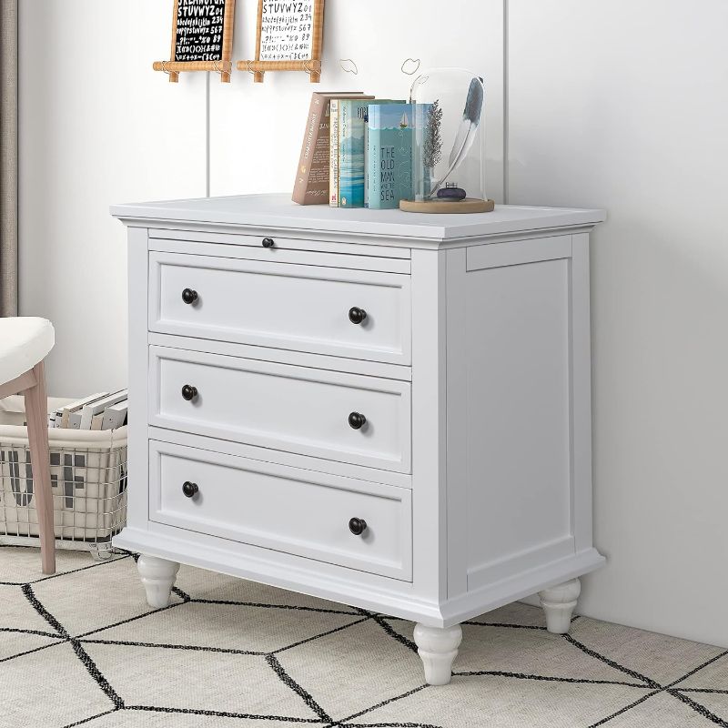 Photo 1 of (used)(unknown if complete) Merax Nightstand with Drawers, Wood Bedside End Table with Pull Out Tray, White