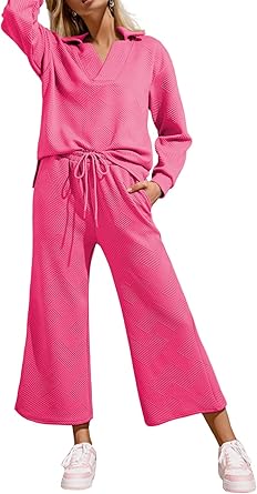 Photo 1 of *USED*SHEWIN Two 2 Piece for Women Casual Long Sleeve V Neck Collared Polo Shirts Matching Drawstring Wide Leg Pants Lounge Sets Fall Outfits for Women 2025, Hot Pink L