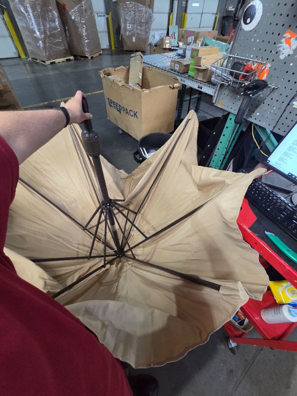 Photo 1 of ***DAMAGED - ONE OF THE UMBRELLA LIMBS IS BROKEN - SEE PICTURES***
Blissun 9' Outdoor Patio Umbrella, Outdoor Table Umbrella, Yard Umbrella, Market Umbrella with 8 Sturdy Ribs, Push Button Tilt and Crank (Tan)