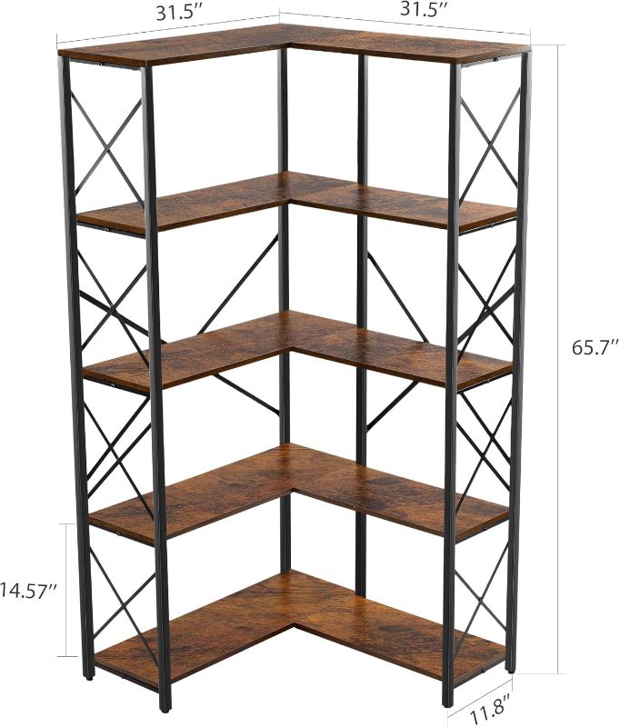 Photo 5 of Rengue Bookshelf 5 Tier Corner Shelf, Large Modern Industrial Bookcase L Shaped Storage Display Rack with Heavy Duty Metal Frame for Home Office, Living Room, Bed Room