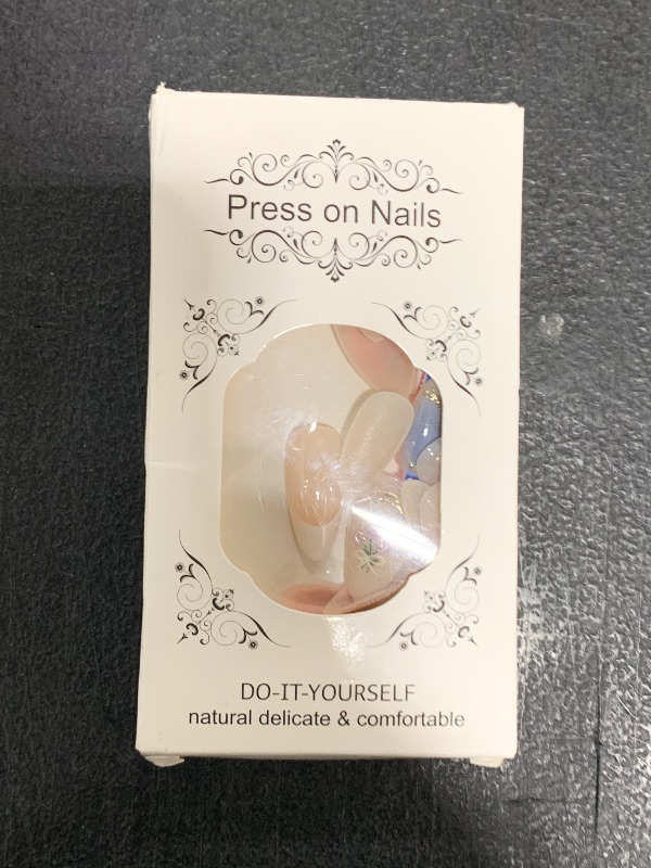 Photo 1 of LPOODDNU 3D Handmade Press on Nails with Charms Medium Almond Fake Nails Cute French Nails Press ons Butterfly Flower Bow Stick on Nails Almond Shape Acrylic Nails Pearl Nails for Women Daily Wear