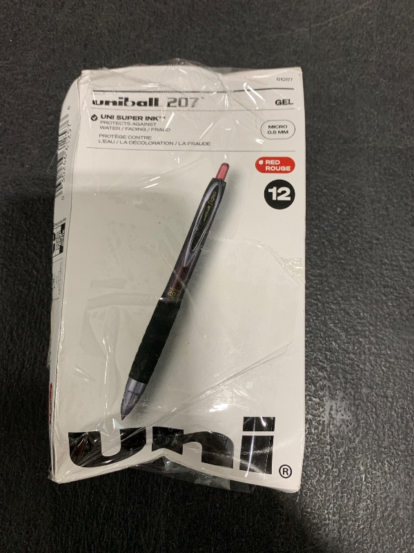 Photo 1 of uniball Signo 207 Gel Pen, Retractable, Micro 0.5 Mm, Red Ink, Smoke/black/red Barrel, Dozen