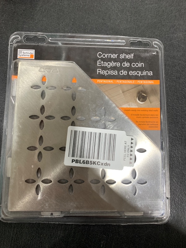 Photo 1 of Schluter Pentagonal Corner Shelf for Tiled Walls - Floral Design, Stainless Steel Material, Brushed Stainless Steel Finish, 3/32” Thick Anchoring Tabs - SES2D5EB