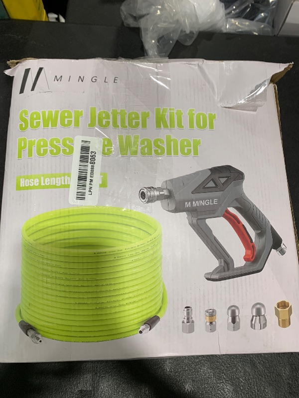Photo 1 of M MINGLE Sewer Jetter Kit for Pressure Washer 100 FT, Drain Cleaner Hose with Power Washer Gun, 1/4 Inch NPT Corner Rotating and Button Nose Sewer Jetting Nozzle, Orifice 4.0, 4.5