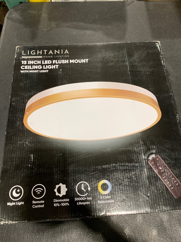 Photo 1 of Lightania 13 Inch Flush Mount Ceiling Light with Remote Control & Night Light, 5CCT Dimmable Ceiling Light Fixture, 25W 2500LM 2700K-6500K Adjustable LED Ceiling Lights for Bedroom Kitchen, White Gold