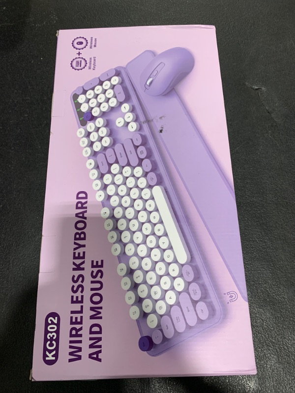 Photo 1 of Wireless Keyboard and Mouse Combo, Cute Round Keycaps, Full-Size Retro Typewriter Keyboard with Detachable Wrist Rest, 2.4GHz Cordless Connection for Mac/Windows/PC/Laptop (Purple-Colorful)