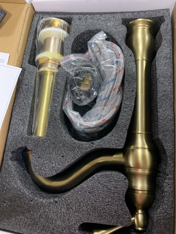 Photo 1 of Bathroom Faucet GGStudy 360° Swivel Single-Handle One Hole Bathroom Vessel Sink Faucet Matching Pop Up Drain Brushed Gold Farmhouse Bathroom Vanity Faucet