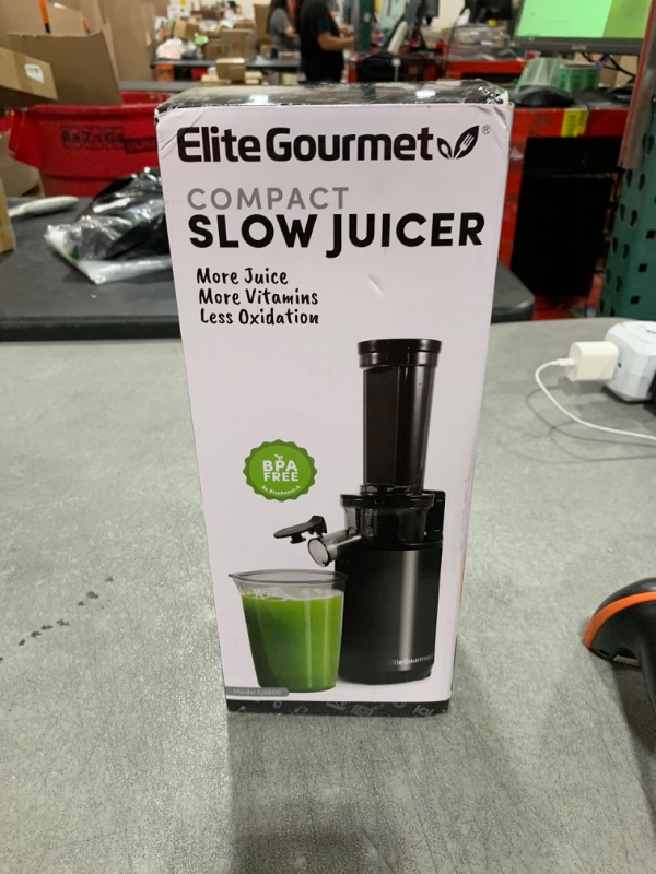 Photo 1 of Elite Gourmet EJX600 Compact Small Space-Saving Masticating Slow Juicer Cold Press Juice Extractor, Nutrient and Vitamin Dense, BPA-Free Tritan, Easy to Clean, 16 oz Juice Cup, Charcoal Grey