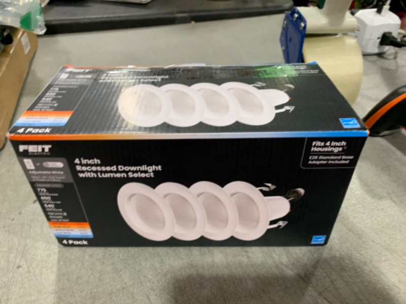 Photo 1 of Feit Electric 4" Recessed LED Downlight, 75W Equivalent, Dimmable, Retrofit with E26 Adapter, 5CCT High Output, Light Switch Enabled, Lumen Select, 45-Year Lifetime, LEDR4HO/6WYCA/4, 4 Pack