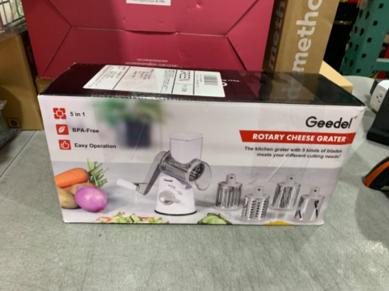 Photo 1 of Geedel Rotary Cheese Grater Cheese Shredder - Upgraded 5-in-1 Cheese Grater with Handle and Strong Suction Base, Multi-purpose Vegetable Slicer Ice Shaver Nuts Grinder for Ice, Vegetables, Fruit, Nuts