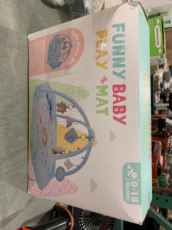 Photo 1 of Baby Gym Play Mat, 8-in-1 Tummy Time Mat & Ball Pit with 6 Toys, Washable Baby Activity Mat for Visual, Hearing, Sensory, Motor Development, Baby Gift for Newborn Infant 0-3-6-9-12 Months (Blue)