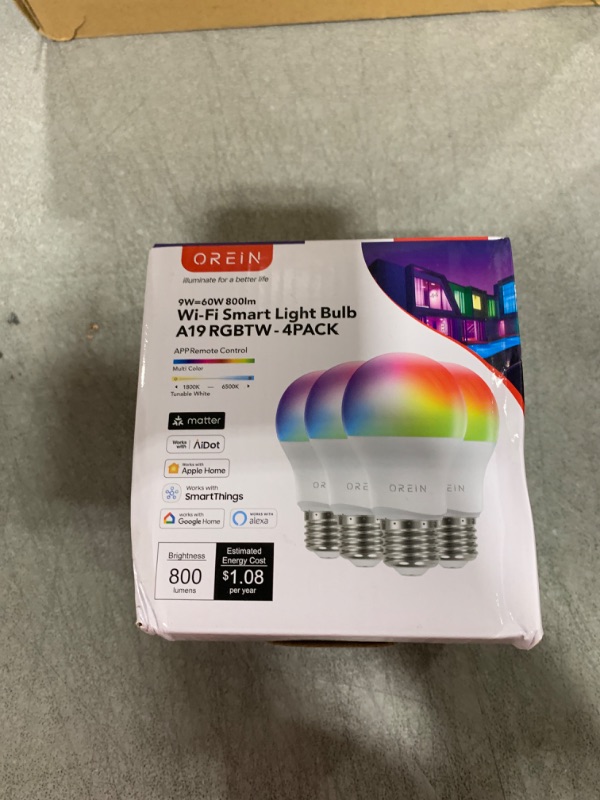 Photo 1 of OREiN Matter Smart Light Bulb, Smart Light Bulbs Work with Apple Home, Alexa, Google Home, SmartThings, A19 Color Changing Light Bulbs 2.4Ghz WiFi, 800 Lumens Equivalent 60W 4Pack