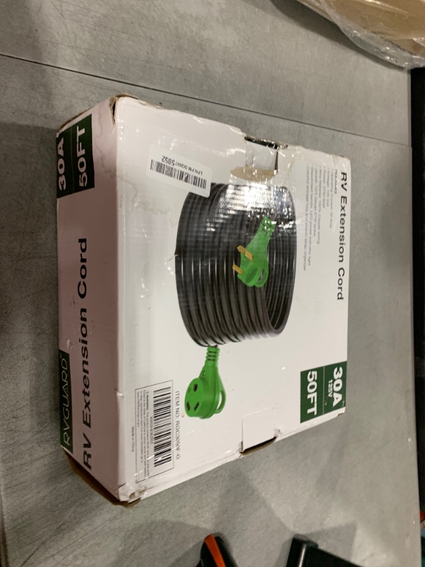 Photo 1 of RVGUARD 30 Amp 50 Foot RV Extension Cord, Heavy Duty 10/3 Gauge STW Cord with LED Power Indicator and Cord Organizer, TT-30P/R Standard Plug, Green, ETL Listed