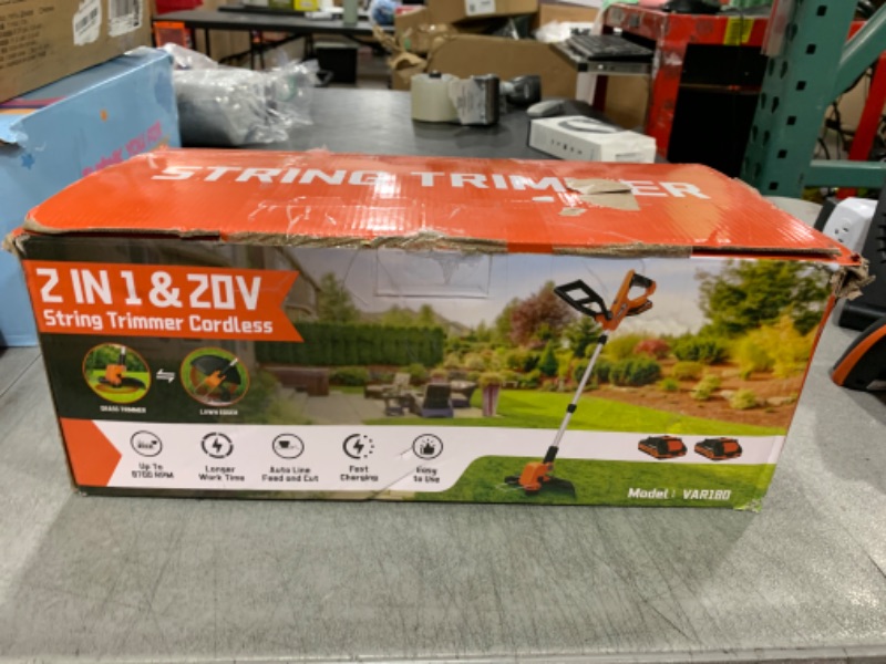 Photo 1 of VARSK 20V 12" Cordless String Trimmer, 2 in 1 Trimmer and Edger with Auto Line Feed, 2 X 2.0Ah Batteries/1 X Fast Charger/6 X Bonus Spools Included, for Lawn, Garden, Yard, etc
