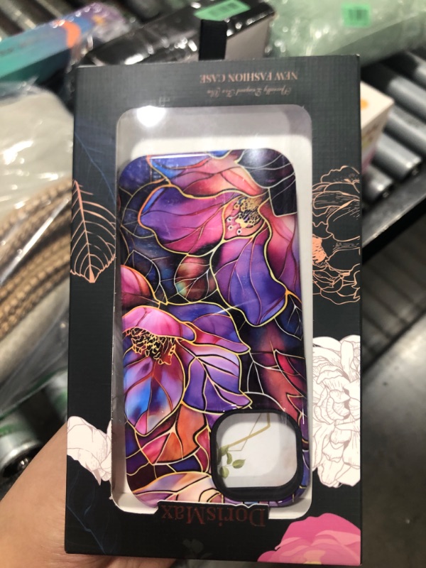 Photo 1 of DorisMax for iPhone 13 Mini Case - Wireless Charging Compatible - Dual-Layer Hard Shell + Silicone Cover - Shockproof Protective Phone Case with Stylish Designs for Women - Blooming Purple Flowers