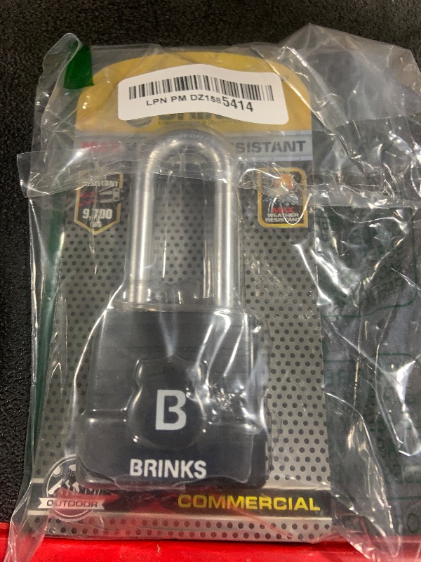 Photo 1 of BRINKS - 44mm Commercial Laminated Steel Weather Resistant Padlock with 2 3/8” Shackle - TPE Wrapped and Hardened Boron Steel Shackle