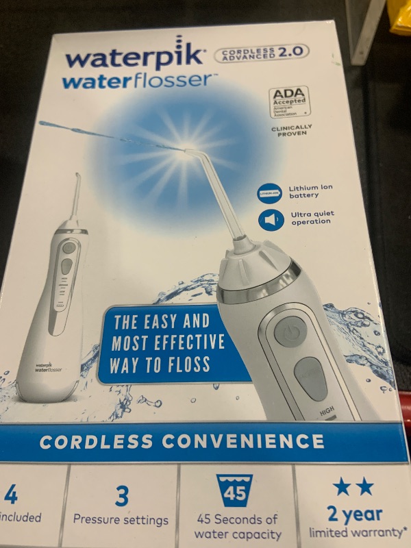 Photo 1 of Waterpik Cordless Advanced 2.0 Water Flosser For Teeth, Gums, Braces, Dental Care With Travel Bag and 4 Tips, ADA Accepted, Rechargeable, Portable, and Waterproof, White WP-580, Packaging May Vary