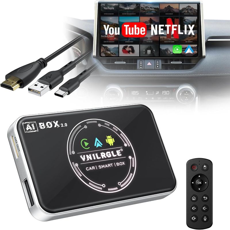 Photo 1 of 4-in-1 Wireless CarPlay Adapter & Android Auto Wireless Adapter, Stream Netflix, YouTube, and More, Split-Screen & Mirroring, for Cars with OEM Wired CarPlay/Android Auto

