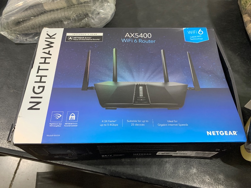 Photo 1 of NETGEAR Nighthawk 6-Stream Dual-Band WiFi 6 Router (RAX54S) – Security Features, AX5400 Wireless Speed, Up to 5.4 Gbps, Covers up to 2,500 sq. ft., 25 Devices - 1-Year Armor Subscription Included