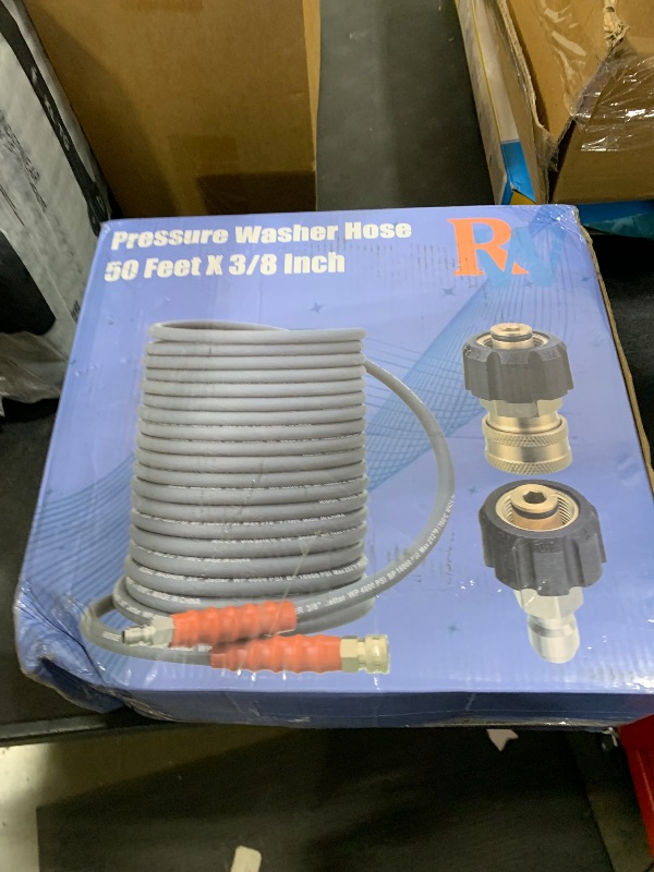 Photo 1 of RIDGE WASHER Pressure Washer Hose 50 Feet X 3/8 Inch for Hot and Cold Water, with M22 14 mm to 3/8 Inch Quick Connect, 4000 PSI