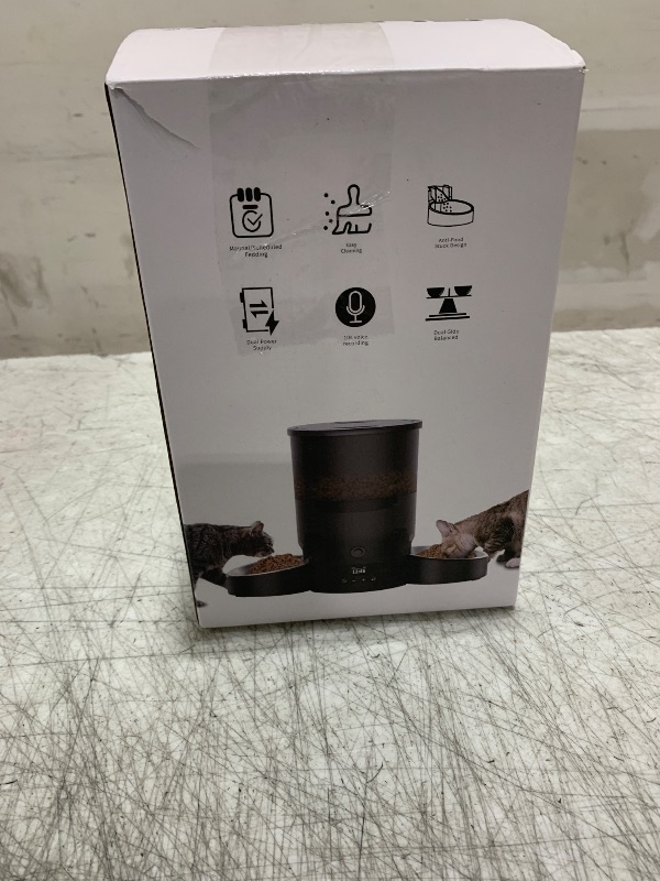 Photo 1 of SURDY Automatic Cat Feeder for 2 Cats, 3L Cat Food Dispenser Auto Cat Feeder with 2 Stainless Bowls, 10s Meal Call Dual Power Supply and Timer Setting 12 Portions 6 Meals Per Day for Cats (White, 3L)