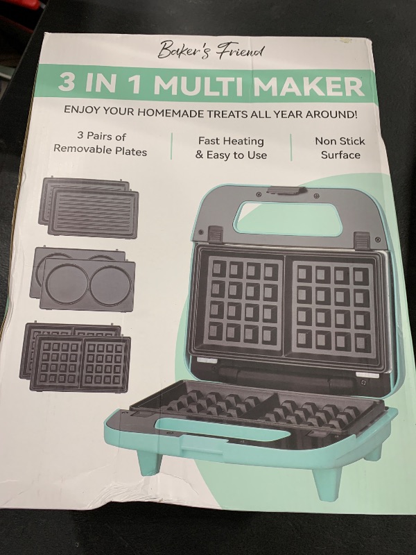 Photo 1 of Baker’s Friend 3 in 1 Mini Waffle Maker with Removable Plates, Mini Pancake Maker, Grilled Cheese Maker, Breakfast Sandwich Maker Press, Mini Indoor Grill, Belgian Waffle Maker, Aqua
