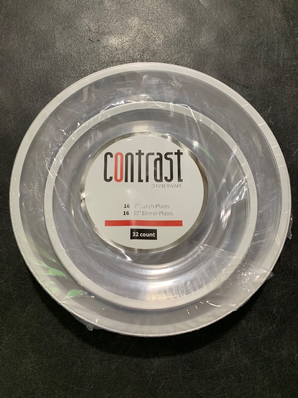 Photo 1 of Blue Sky Contrast Collection Clear With Silver Rim Combo Plate Set - (7" - 16 Count & 10" - 16 Count) Round Plastic Disposable & Reusable Dinnerware for Parties and Events