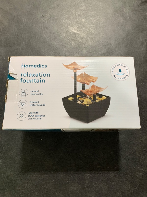 Photo 1 of Homedics Golden Dew Relaxation Tabletop Water Fountain with 3 Tiers, Natural River Rocks, and a Quiet Pump for Soothing Zen Ambiance in Your Home or for Office Décor, Powered by 2 AA Batteries