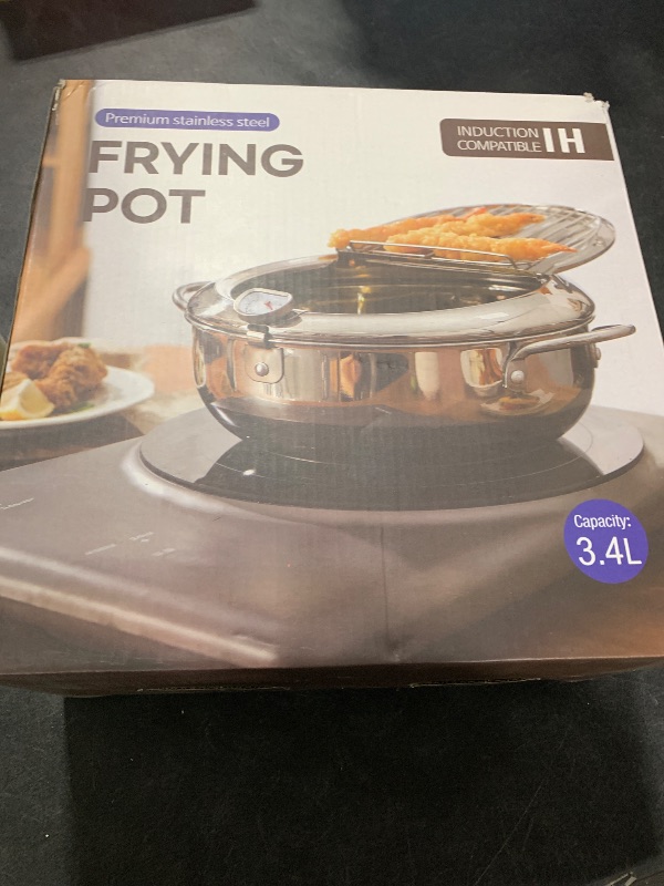 Photo 1 of Kerilyn Deep Fryer Pot, 9.4 Inch/3.4 L Janpanese Style Tempura Frying Pot with Lid, 304 Stainless Steel with Temperature Control and Oil Drip Drainer Rack, for Kitchen French Fries, Chicken etc