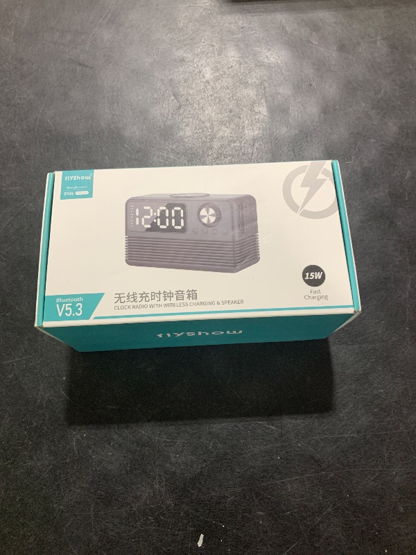 Photo 1 of FlyShow 15W Fast Wireless Charger with Bluetooth Speaker and Alarm Clock Radio,4 in1 Wireless Charging Station for iPhone,Android Phones with FM Radio for Bedroom