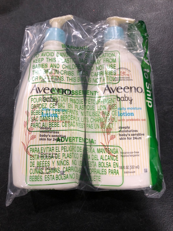 Photo 1 of Aveeno Baby Daily Moisture Body Lotion for Sensitive Skin, Hypoallergenic Moisturizing Baby Lotion with Nourishing Oat to Deeply Moisturize Baby's Skin, Fragrance-Free, 18 fl. oz, 2 Pack