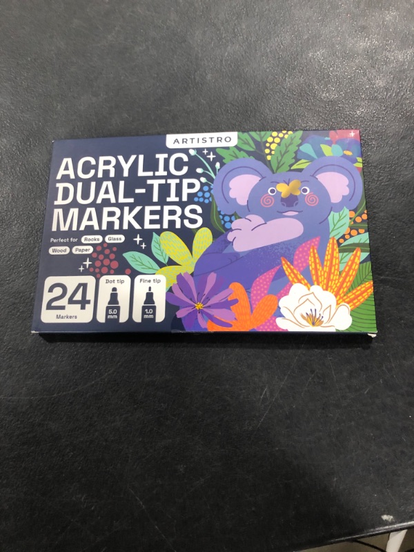 Photo 1 of ARTISTRO 24 Dual Tip Acrylic Paint Markers, Acrylic Paint Pens, Fabric Markers for Textile, Rock, Glass, Wood, Paper, Ceramic, Canvas DIY Art Supplies Kit for Kids and Adults (Dual Tip Dot + Fine, 24)
