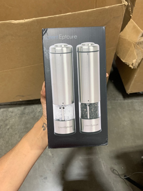 Photo 1 of Latent Epicure Electric Salt and Pepper Grinder Set - Battery Operated, Stainless Steel Shakers with Adjustable Fine & Coarseness, One Handed Operation, LED Light & Complimentary Mill Rest Tray