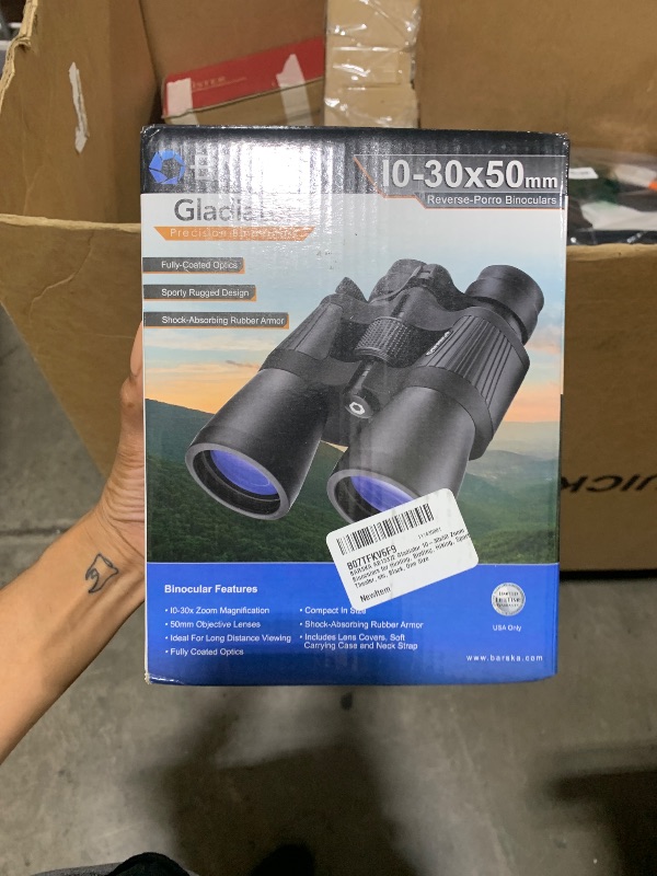 Photo 1 of Gladiator 10-30x50mm Zoom Binoculars – Reverse Porro Prism, Fully Coated Optics, BK-7 Prisms, Large Focus Knob, Rubber Armor, Includes Case & Strap