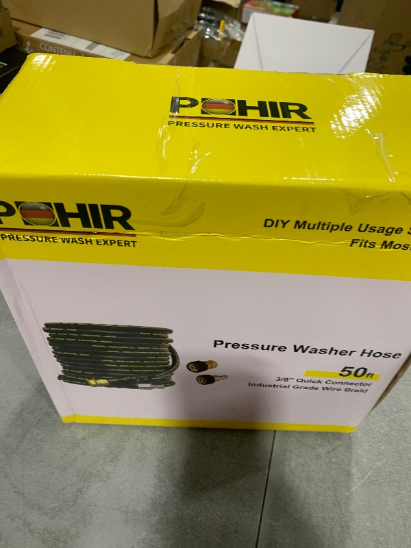 Photo 1 of POHIR Pressure Washer Hose 50 ft with 3/8 Inch Quick Connect, Kink Resistant High Tensile Wire Braided,with 2 pcs M22 14mm Adapter Set, 4200 PSI Power Washer Hose