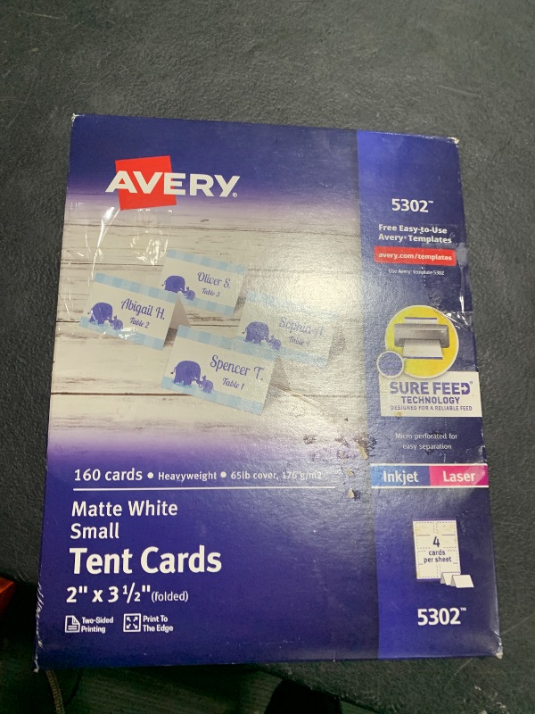 Photo 1 of Avery Printable Tent Cards with Sure Feed Technology, 2" x 3.5", White, 160 Blank Place Cards for Laser or Inkjet Printers (5302)