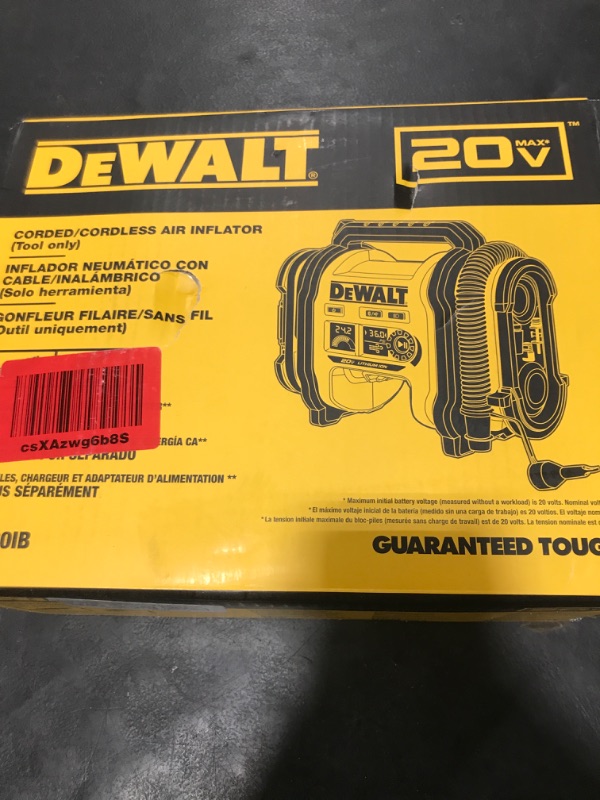 Photo 1 of DEWALT 20V MAX Tire Inflator, Compact and Portable, Automatic Shut Off, LED Light, Bare Tool Only (DCC020IB)