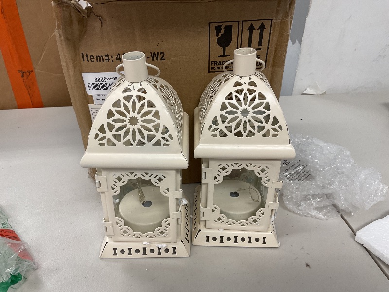 Photo 1 of TRIROCKS Set of 2 Vintage Decorative Lanterns 7.5''H Battery-Operated Metal Hanging Lanterns with Fairy String Lights for Indoor & Outdoor Home Decor, Living Room, Parties & Events - White
