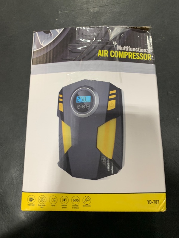 Photo 1 of Tire Inflator Portable Air Compressor Car Tire Pump with 3 Nozzle Adaptors and Digital LED Light DC 12V Electric Car Air Pump for Car Tires and Other Inflatables Yellow