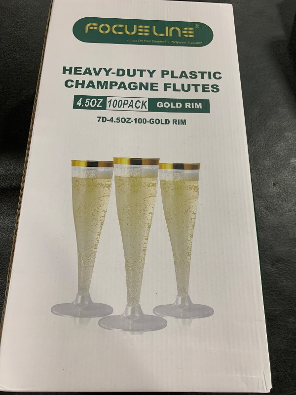 Photo 1 of FOCUSLINE 100 Pack Plastic Champagne Flutes, 4.5 Oz Gold Rim Plastic Champagne Glasses, Disposable Clear Toasting Glasses Recyclable Champagne Cups for Wedding Party
