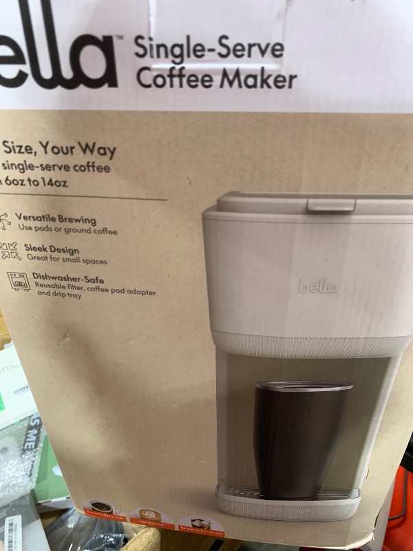 Photo 1 of BELLA Single Serve Coffee Maker, K Cup & Coffee Ground Compatible with Removable, Adjustable Drip Tray, Auto Shutoff & Reusable Dishwasher Safe Accessories, Brews 6oz to 14oz, 1000 Watt, Oatmilk